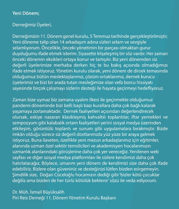 Yönetim Kurulu Başkanımız Sayın Dr. İsmail Büyüksalih’in üyelerimize mesajı